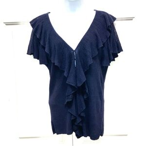Ralph Lauren linen sweater, V-neckline & ruffle, flutter sleeve, navy blue, XL